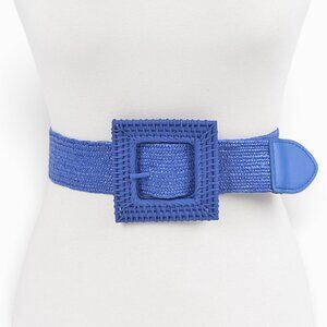 BNWT Brand New Raffia Square Buckle Faux Straw Elastic Fashion Belt - BLUE